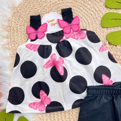 Conj. Batinha Bolotas com Borboletas e Short - Pink e Preto